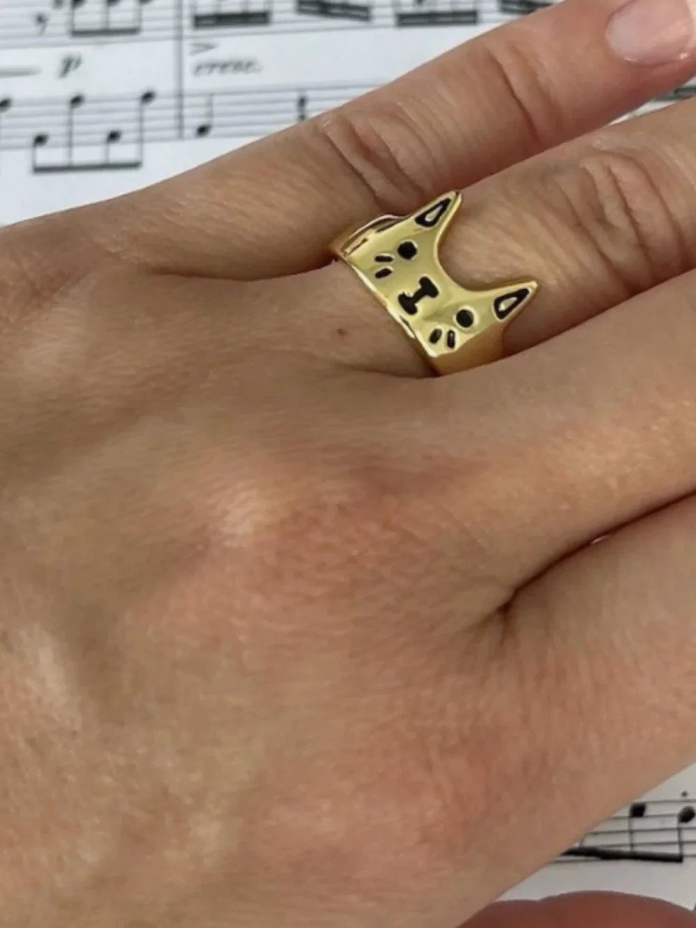 🐱💕 Cute Cat Face Ring Gold Tone Enamel Kitty Adjustable Style